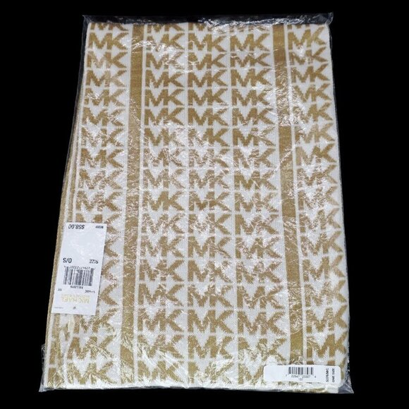 Michael Kors Signature Brown Gold Scarf Acrylic MK Multi-Logo 2019 NEW $58 - Picture 1 of 3
